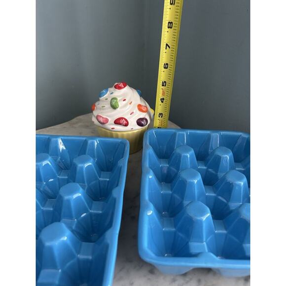2 Ceramic Blue Egg Crates for Easter Eggs Refrigerator Jelly Belly Cupcake Dish - Picture 10 of 11